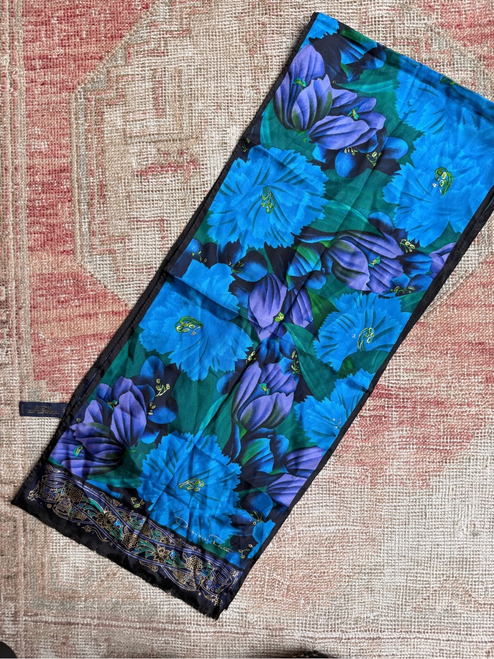 Vintage 80s Oscar de la Renta Teal & Blue Floral Silk Scarf with Gold Detail - Picture 2 of 4